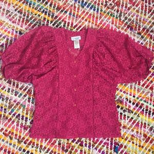 80s Pink Lace Puff Sleeve Blouse